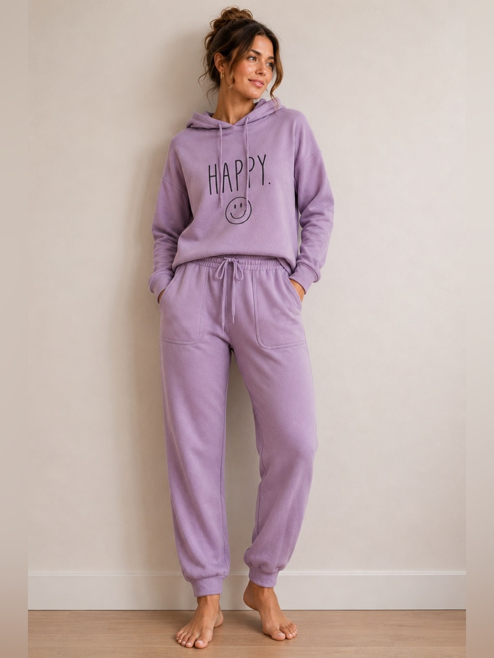 Rae Dunn Happy 2-Piece Lavender Hoodie & Jogger Set – L